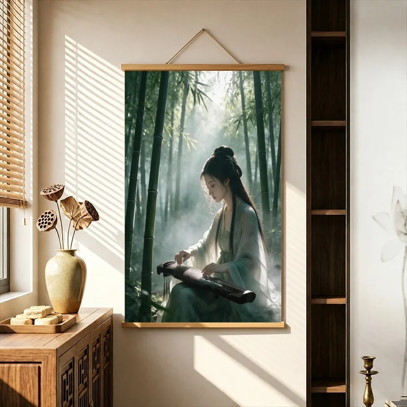 Wall Decorations Guqin Zither and Bamboo Grove, Zen Oriental Pearlescent Canvas Hanging Scroll Decor for Tea Ceremony Room