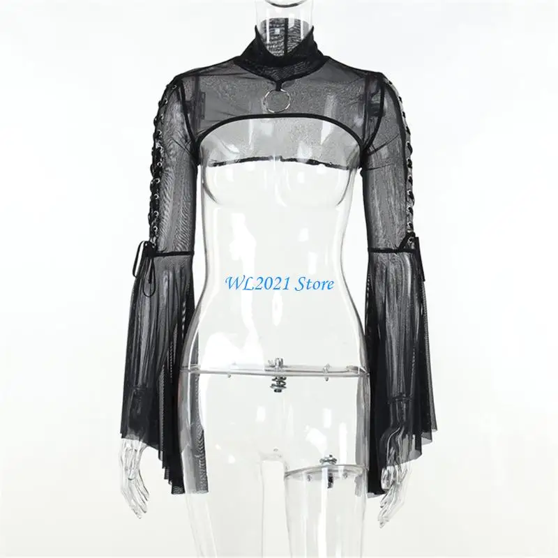 

G5GC Gothic Black Long-sleeve T-shirt Women Sexy Streetwear Flared Sleeve See Through