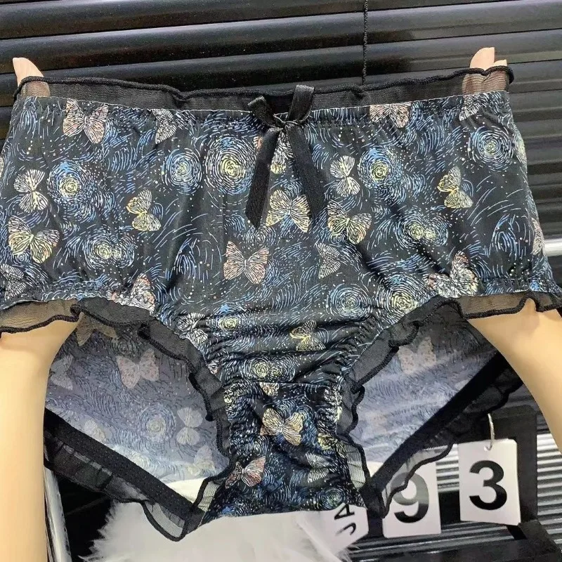 

New Ice Silk Mask Large Size Lace Underwear Ladies Fashion Brand Printed Lightweight Sexy Mid-waist Breathable Briefs Comfort