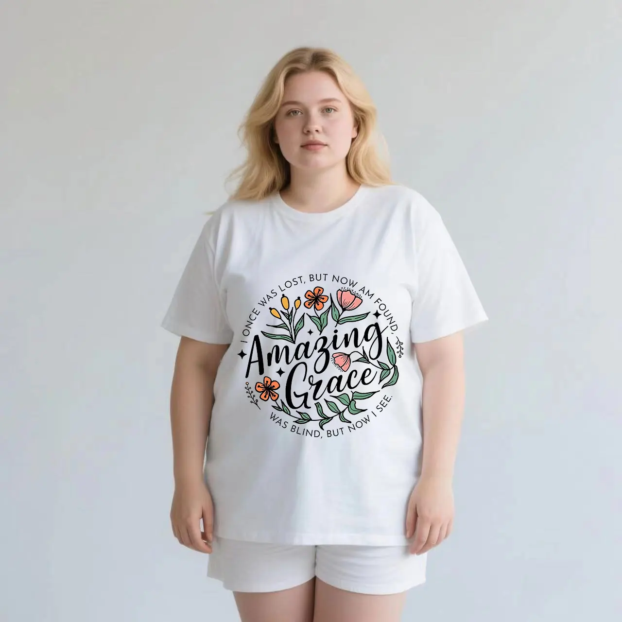 

Flower+English print design, trendy commuting item plus size Ladies' casual short sleeved T-shirt white