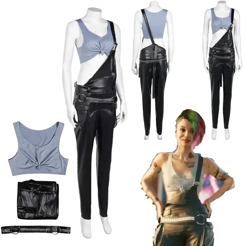 

Fantasia Judy Alvarez Cosplay Game 2077 Costume Disguise Adult Women Girls Tops Leather Overalls Pants Halloween Carnival Suit
