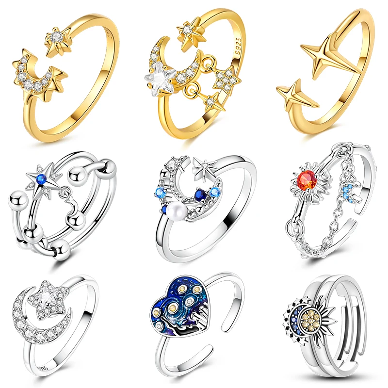 

Silver 925 Original Sun Moon Stars Rings 925 Sterling Silver Golden Moon and Stars Ring Women Luxury Jewelry Making Party Gift