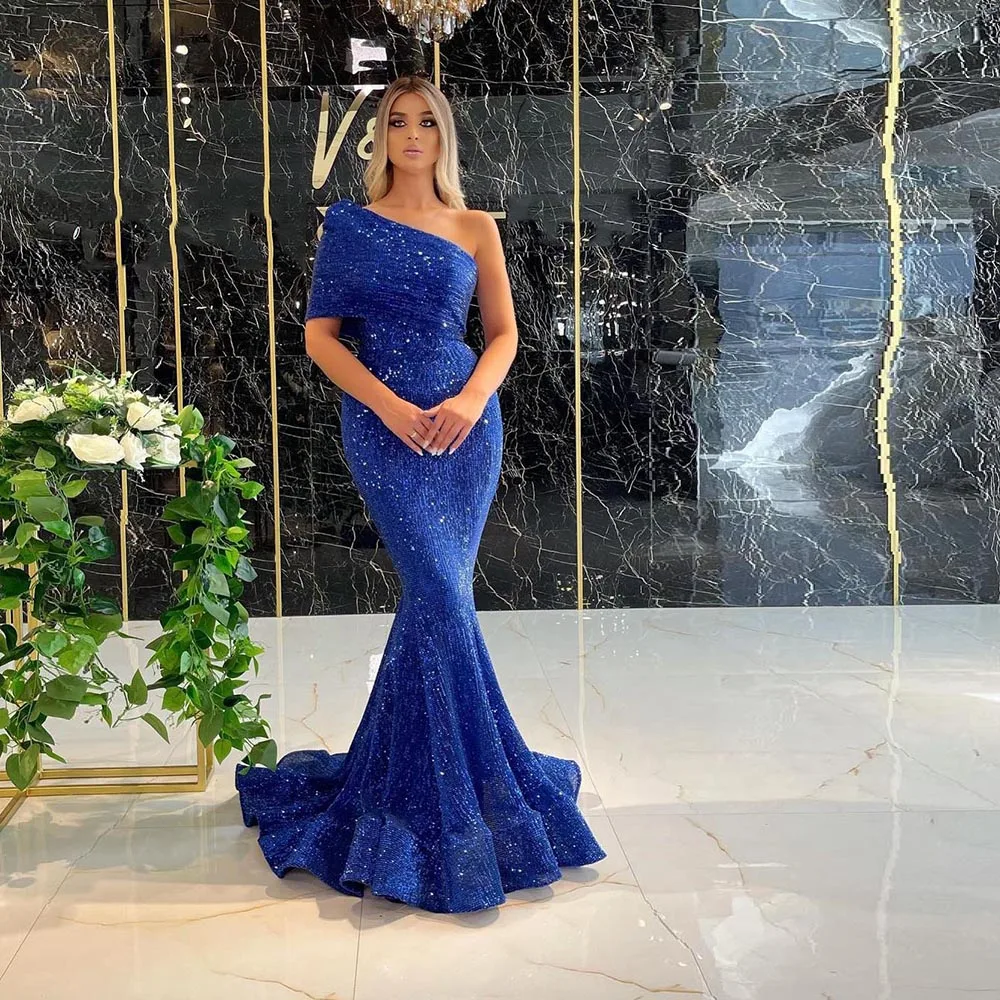 

Yipeisha One-shoulder Royal Blue Evening Dresses Plus Size Mermaid Prom Gowns Sparkly Sequin Long Party Dress