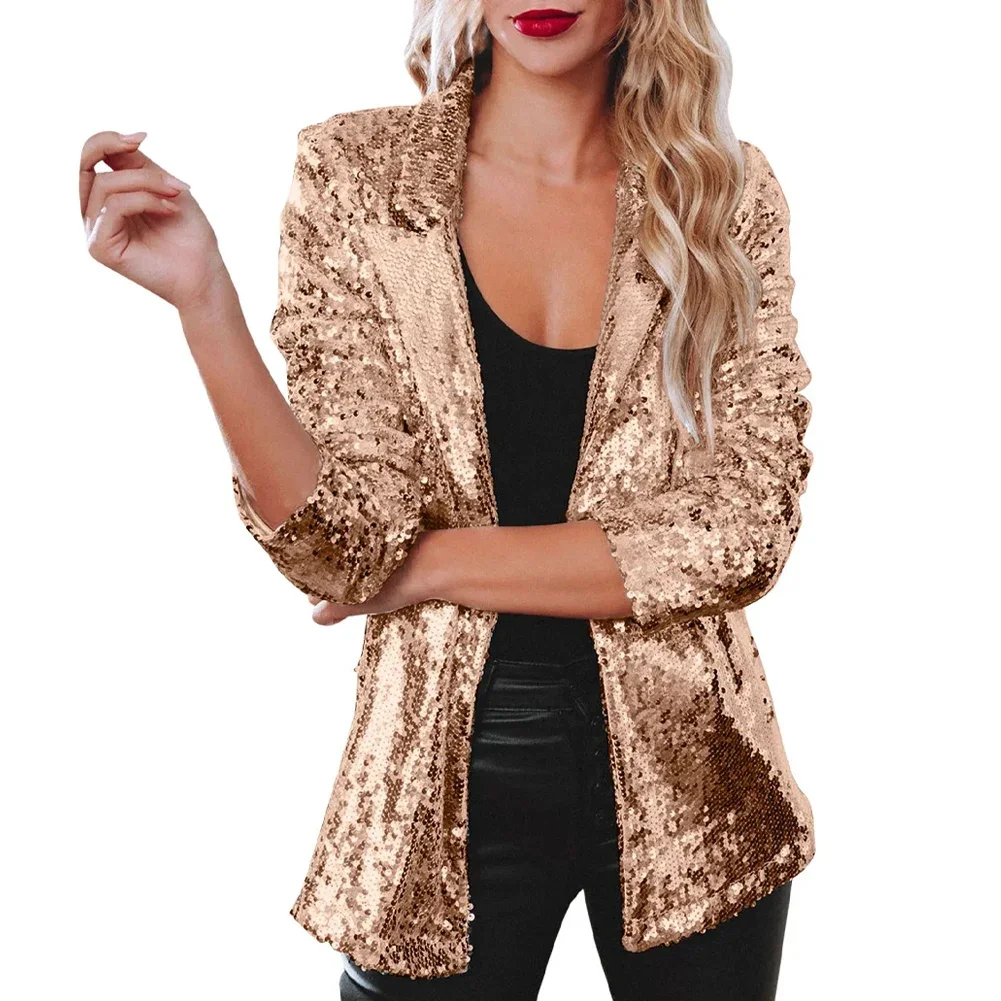 Blazer feminino de lantejoulas, manga comprida, blazer feminino, casaco temperamento, lapela, casacos de festa, moda rua, inelástico, outono, inverno