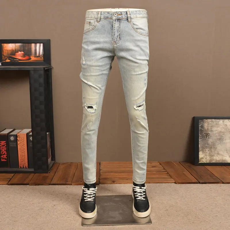 High Street Fashion Men Jeans Retro Light Blue Stretch Skinny Fit Ripped Jeans Men Patched Designer Vintage Denim Pants Hombre