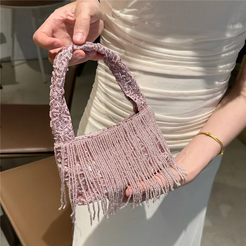

2025 Luxury Women Vintage Handmade Beaded Tassel Evening Bag Brand High-end Party Shiny Handbag Trendy Bridal Banquet Clutch Bag