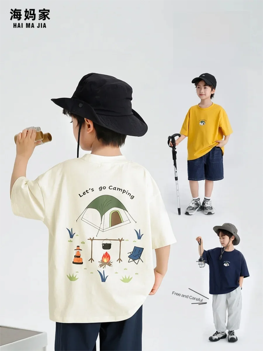 

Summer New Boys' Campfire Print Cotton Short-Sleeve Shirt Korean-Style Clothing for Older Children