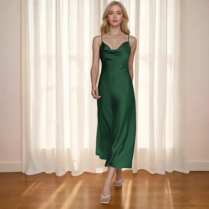 Women V-Neck Slinky Evening Gown Elegant Satin Maxi Dress Sexy Slit Long Dress Party Cocktail with Adjustable Spaghetti Straps