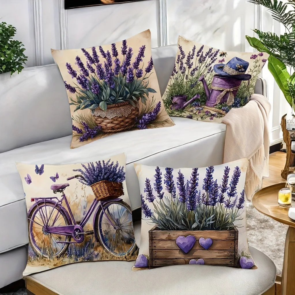 4-Piece Set of Lavender and Bicycle Themed Decorative Pillow Covers, Suitable for Living Rooms, Sofas, Beds, and Bedrooms
