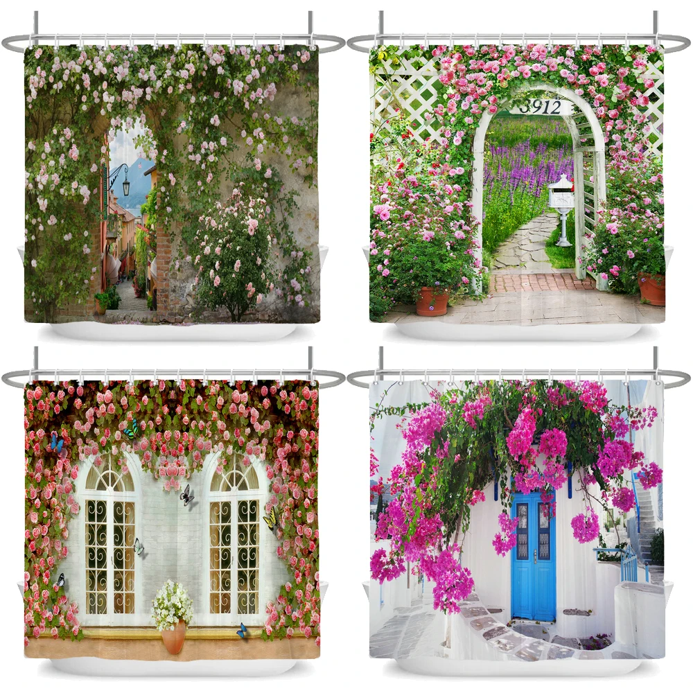 

Beautiful Garden Flowers Waterproof Polyester Shower Curtain with Hooks For Bathtub Bathroom Screen Decor Large Size Wall Cloth
