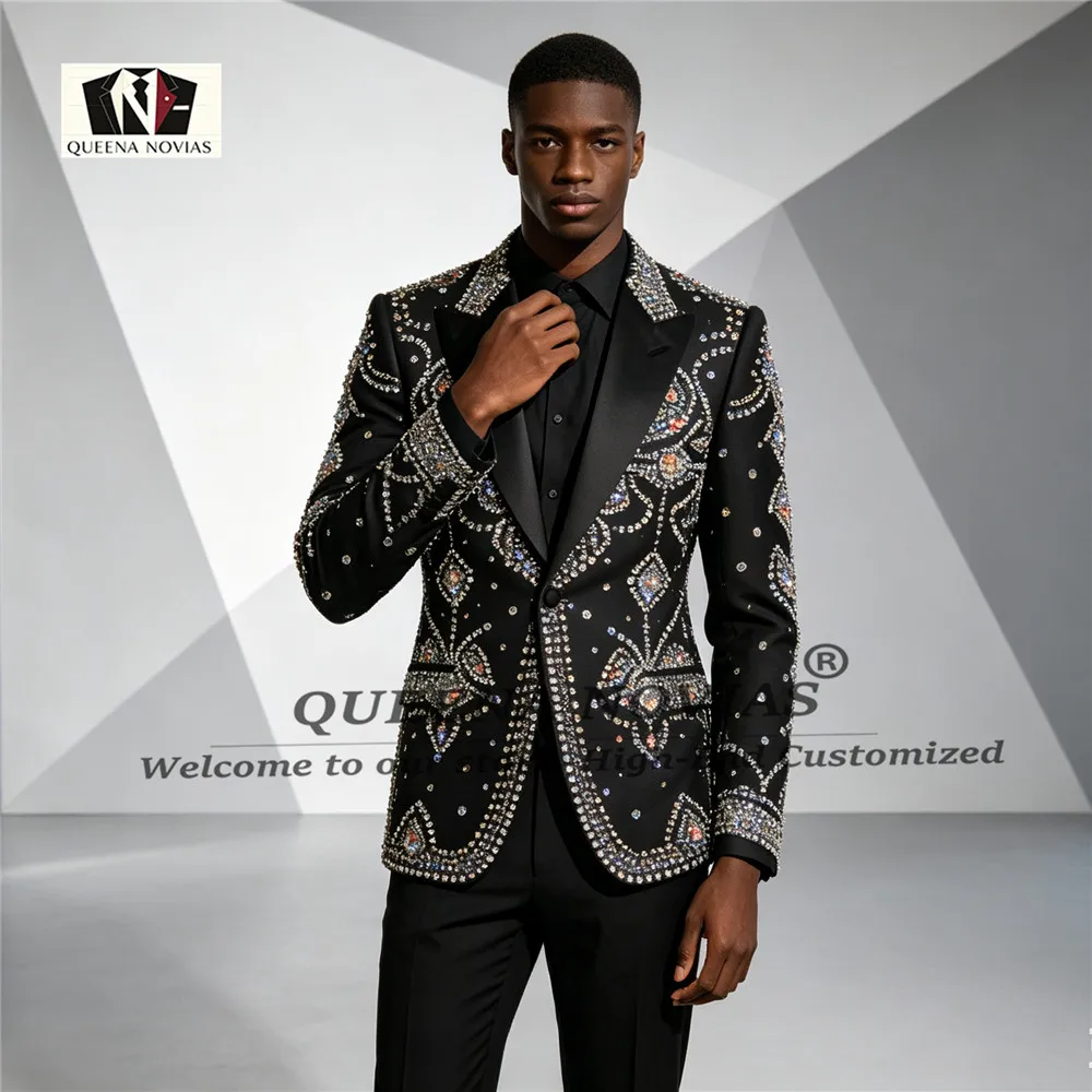 Exclusive Wedding Suits For Man Jewelry Stones Prom Blazers Customized 2 Pieces Sets Groom Tuxedos Slim Fit Man Terno Masculinos
