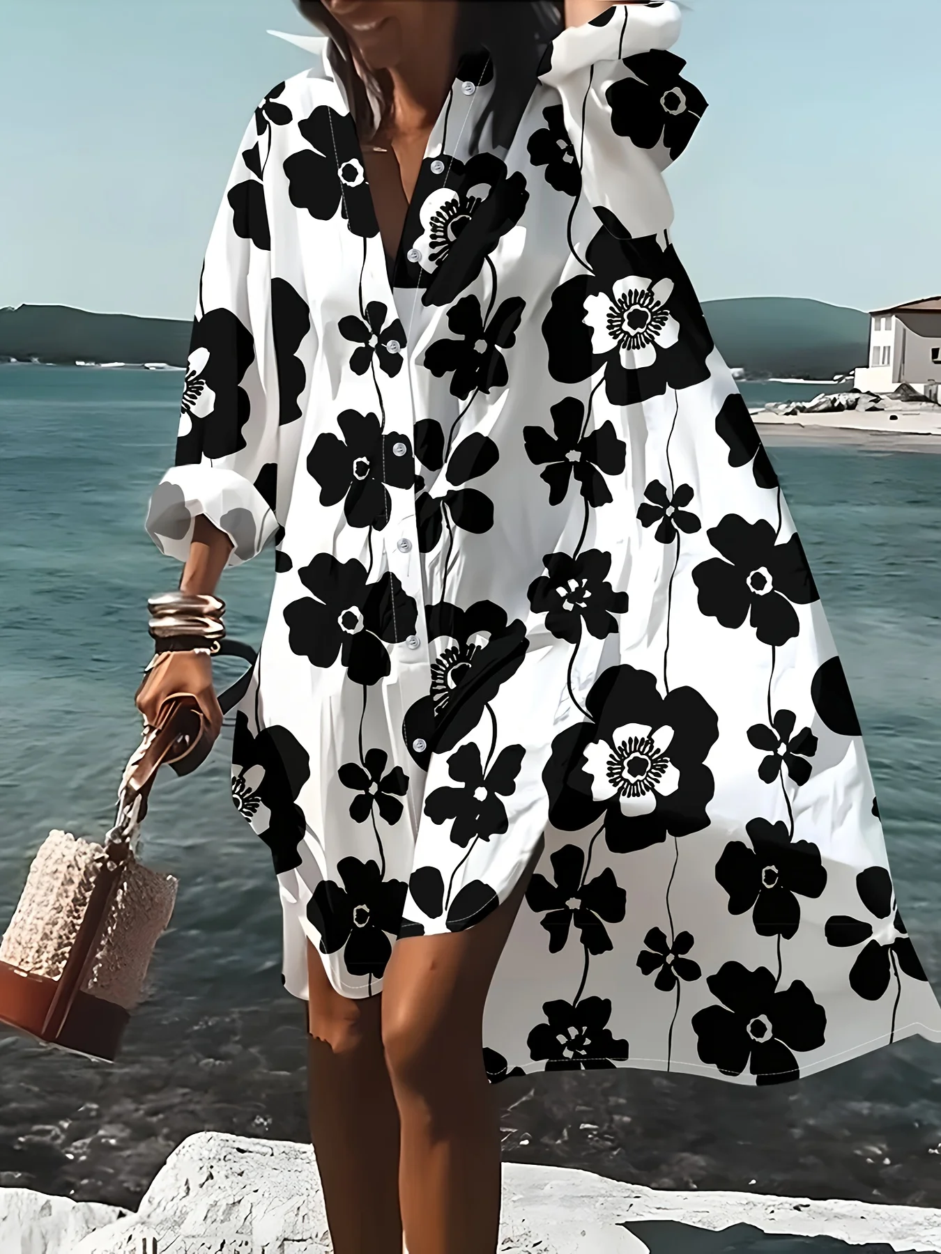 

Повседневное платье-рубашка с длинным рукавом и цветочным принтом для женщин, летне-осеннее, модное, свободного кроя, на пуговицах, миди, трендовое