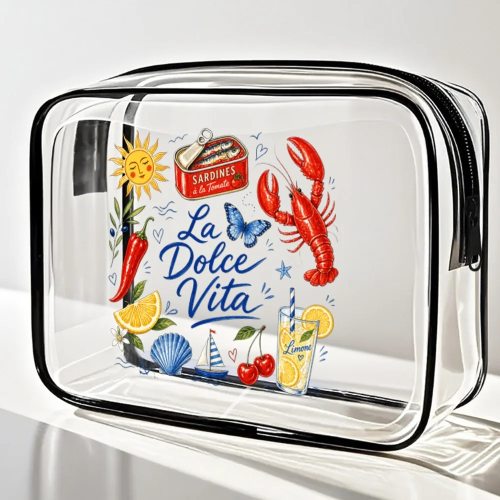 Travel Makeup Cases La Vita Sardines Lobster Lemon Clear Pvc Zipper Pouch Italian Coastal Retro Summer Style Cosmetic Bag