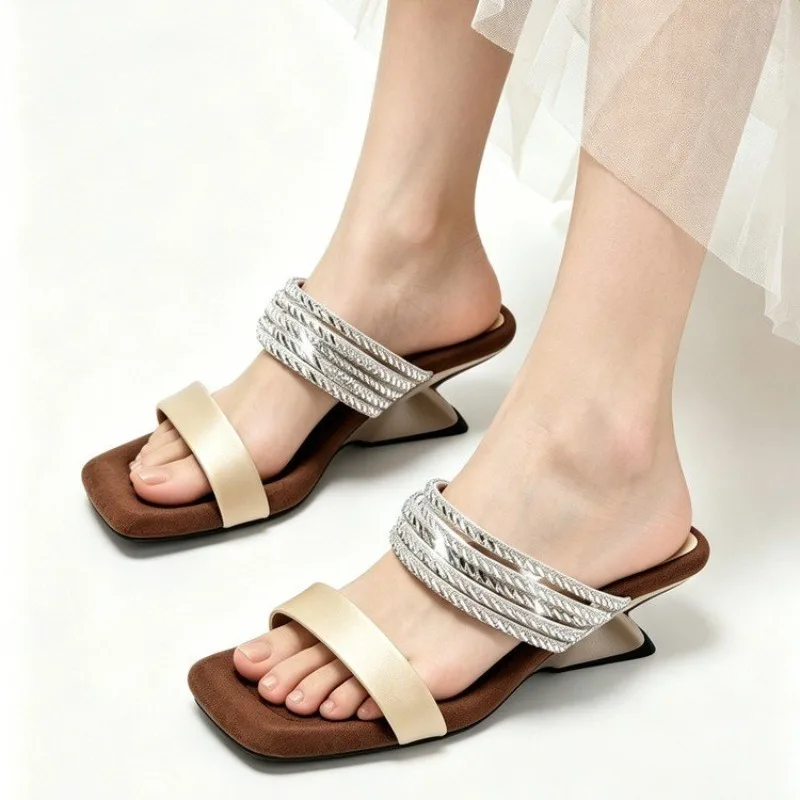 

French Temperament Fashionable Special-shaped Heel High Heels Rhinestone Open Toe Summer Versatile One-word Sandals