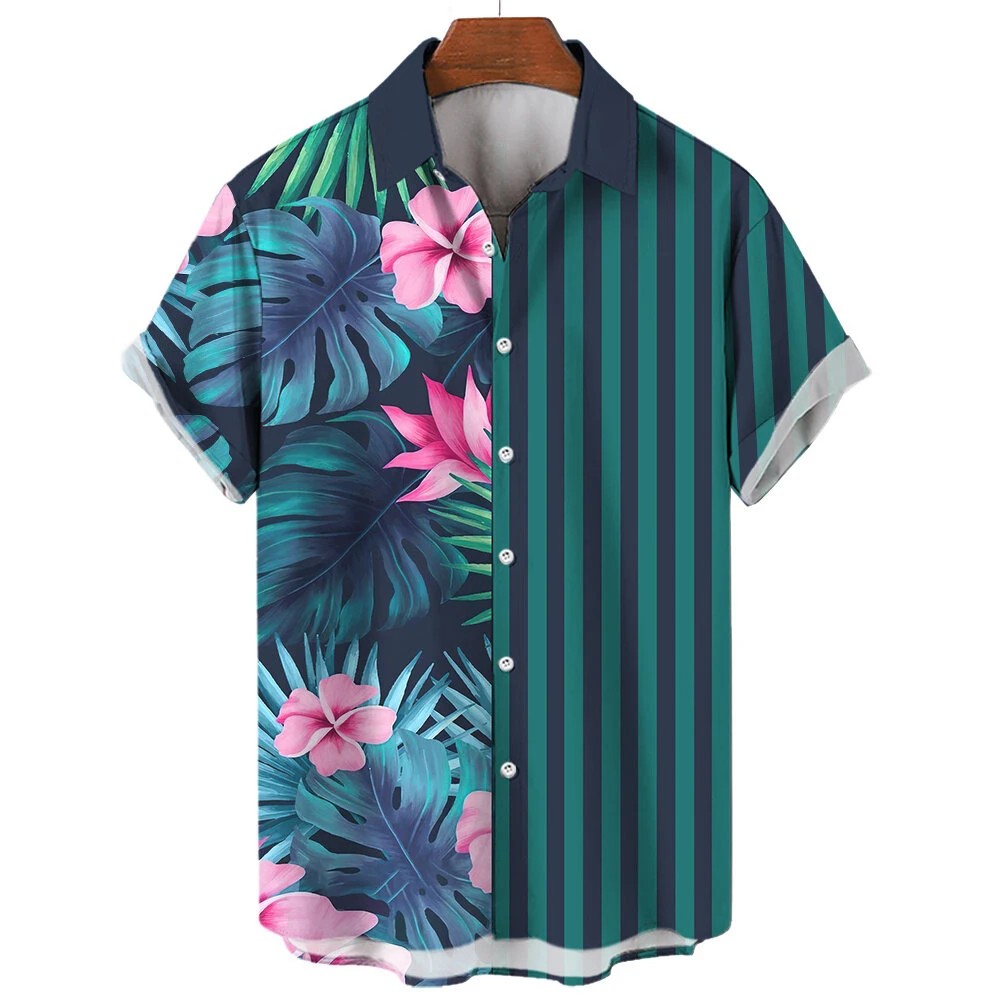 Hawaiian Men's Shirts Striped flower pattern 3D Print Casual Short Sleeve Tops Summer New Fashion Men's Clothing Tops Sale Shirt