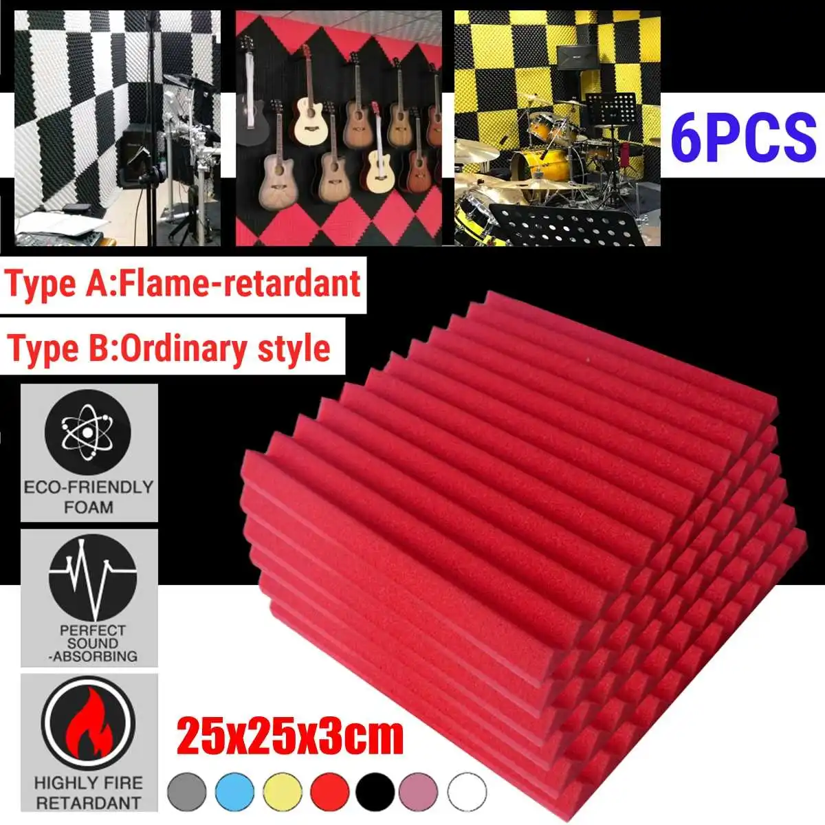 25x25x3cm 6pcs painéis de espuma acústica estúdio cunha telhas à prova de som almofada de parede isolamento acústico absorvendo tratamento