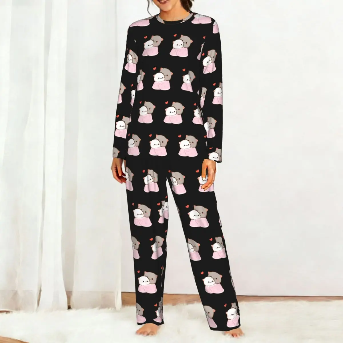 Peach And Goma Cuddling Mochi Peach Cat Round Neck Long Sleeve Nightgowns for Sleepshirts Women Loose Pajama Set Long Pants