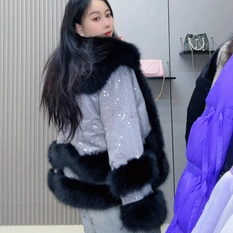 سترة أنيقة سميكة مبطنة بالصوف المرقعة لينة مريحة أبلى الصناعة الثقيلة الترتر فو الفراء معطف فروي طوق أعلى الشتاء #6