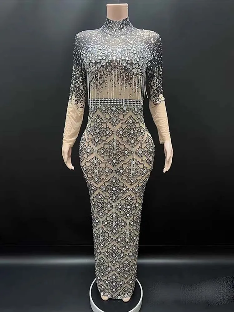 

High Quality Rhinestone Tassel Elastic Dress 2025 New Fashion Custom Women'S Clothing