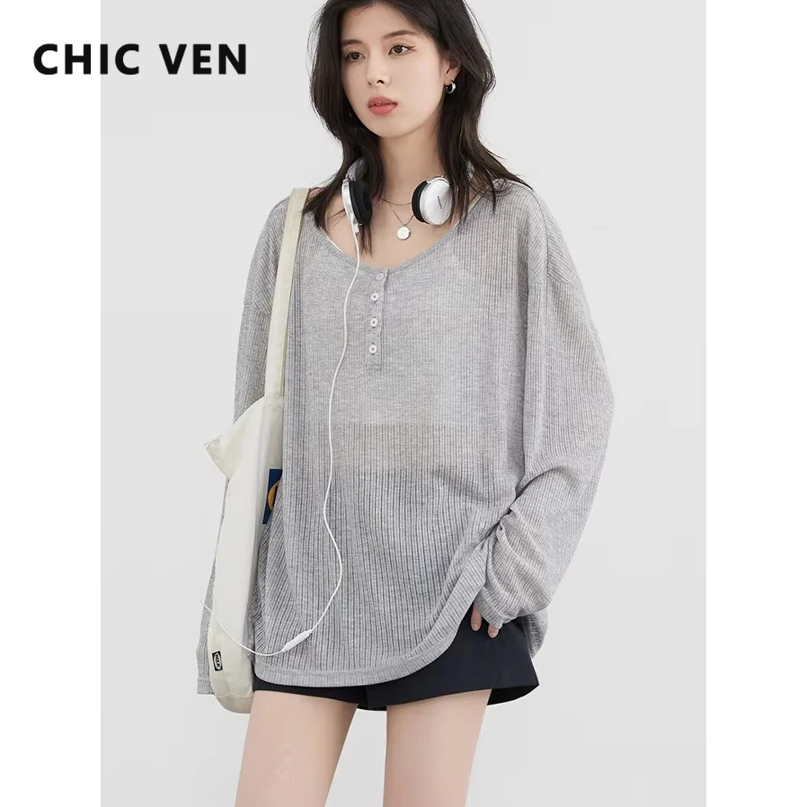 

CHIC VEN корейские женские футболки повседневные свободные слегка прозрачные женские топы с круглым вырезом тонкие футболки весна-лето 2025 одежда