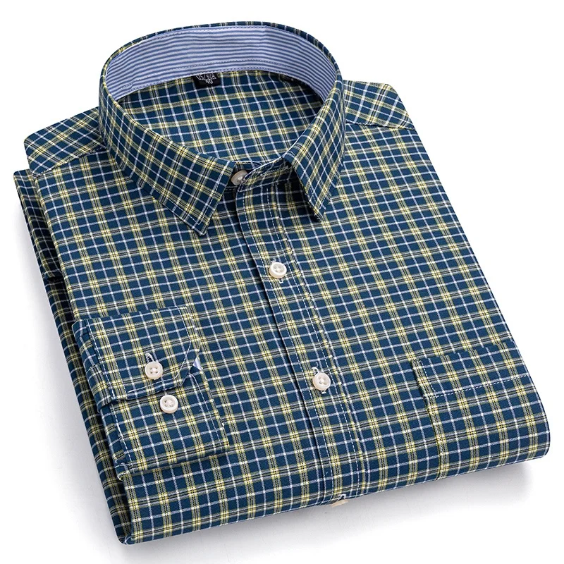 Men\'s Long Sleeve Oxford Plaid Striped Casual Shirt Front Patch Chest Pocket Regular-fit Button-down Collar Thick Work Shirts