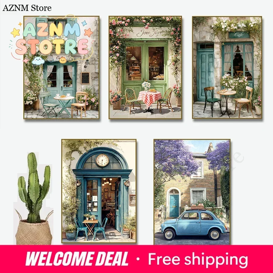 Cozy European Café Watercolor Paris Blue Car Poster Print Canvas Painting for Kitchen Living Room Home Decor