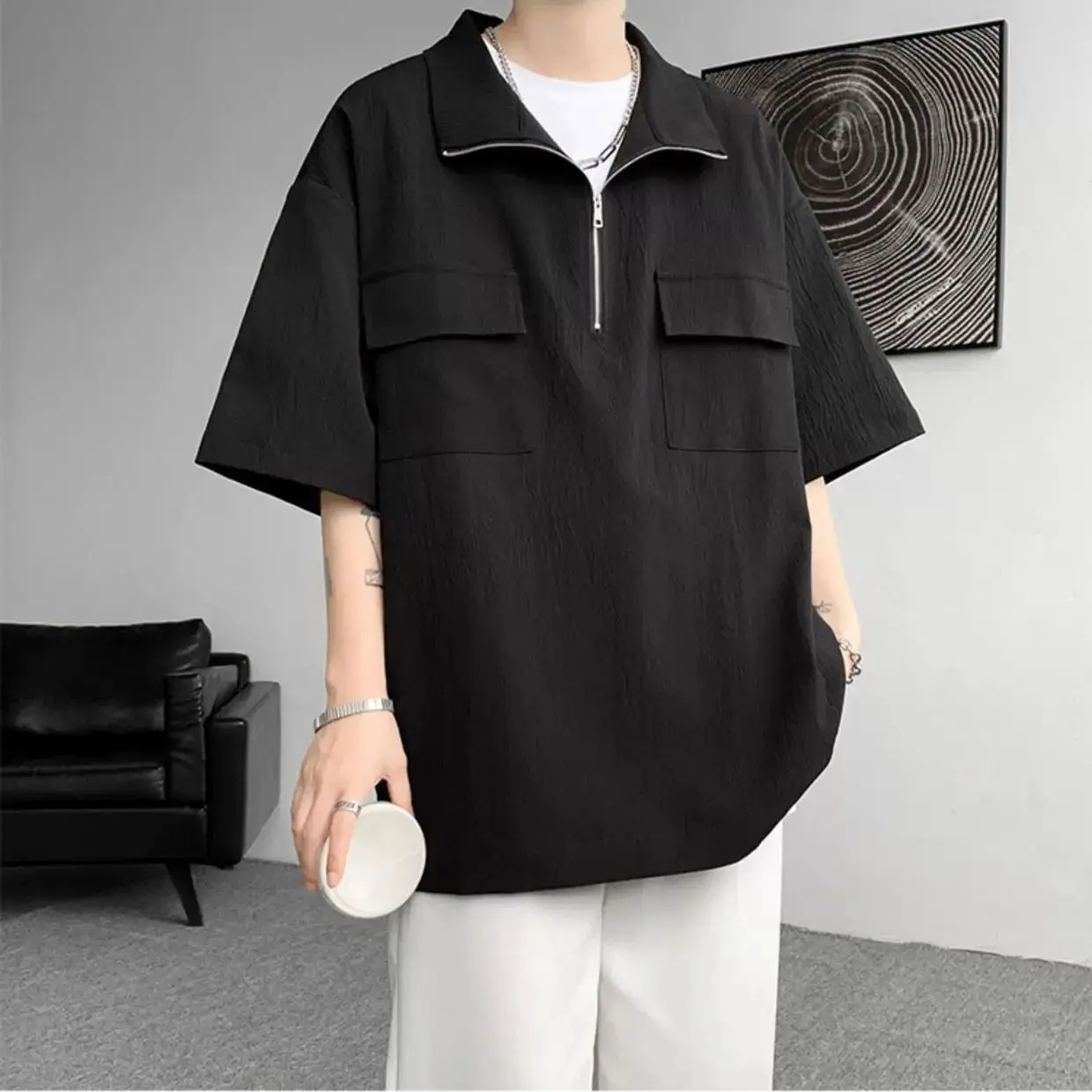 

White high-end semi zipper short sleeved men's style Korean retro pocket design Polo shirt T-shirt seven quarter sleeve top