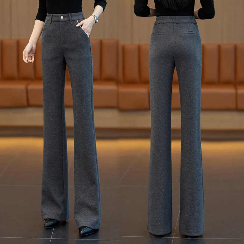 Elegant Commuting Woolen Flared Suit Pants for Women, Autumn and Winter New Fashion, High Waist Slimming Flared Pants Trend