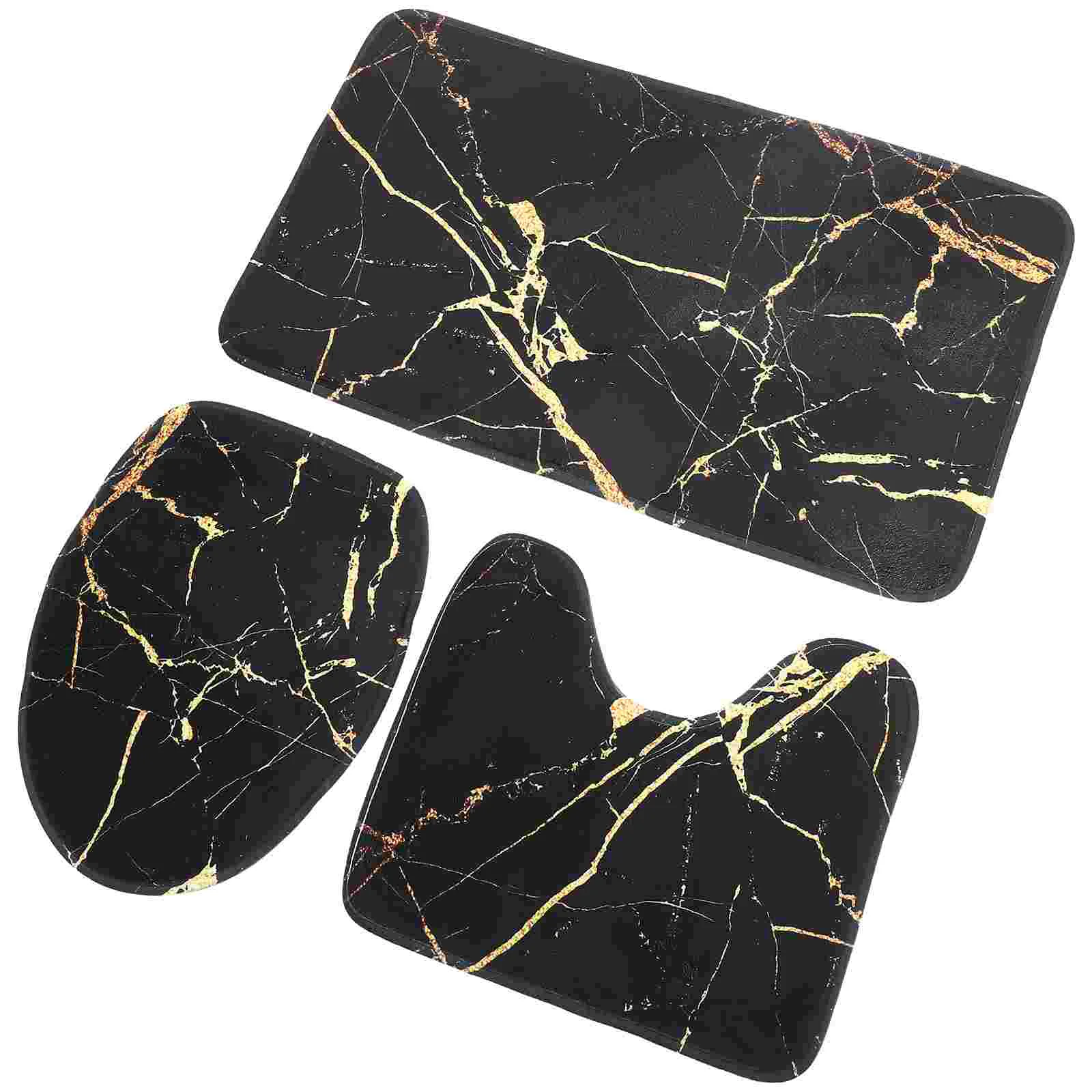 Bathroom Ground Pad Reusable Toilet Cover Black Marble Shower Curtain Set Rug Lid Circle