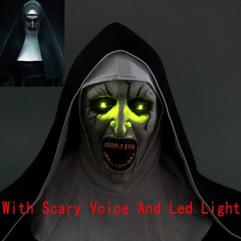 The Nun Mask Horror Mask con voce spaventosa con luce a Led Cosplay maschere in lattice di Valak con casco foulard puntelli per feste di Halloween