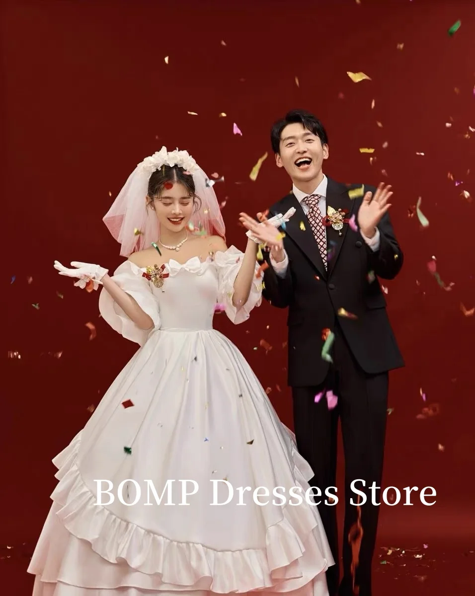 BOMP Vintage cuello cuadrado una línea vestidos de novia sesión de fotos Japón Puff mangas cortas vestidos de novia bata de mariage personalizado 2025