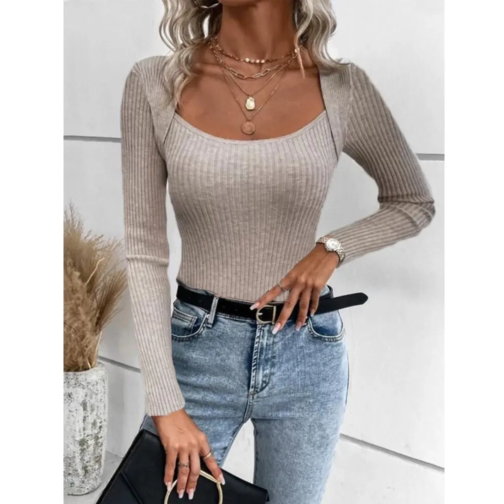 

Women's Slim Fit Knitted Top Square Collar Independent Station Design European American Style T-shirt