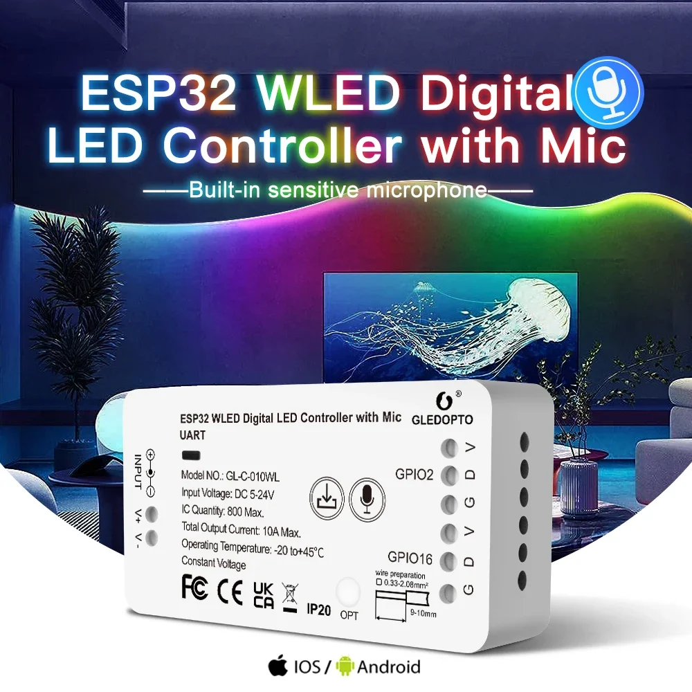 GLEDOPTO ESP32 WLED LED Controller With Mic &UART Dwonload DIY Music Modes For WS2811 WS2812 SK6812 WS2813 WS2815 Strip Lights