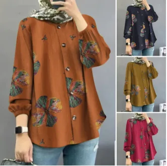 Eid muslimische Frauen Knopf Bluse lose Druck Shirt Jalabiya Ramadan Marokko Dubai Abayas Kaftan Islam Arab Abaya Kaftan