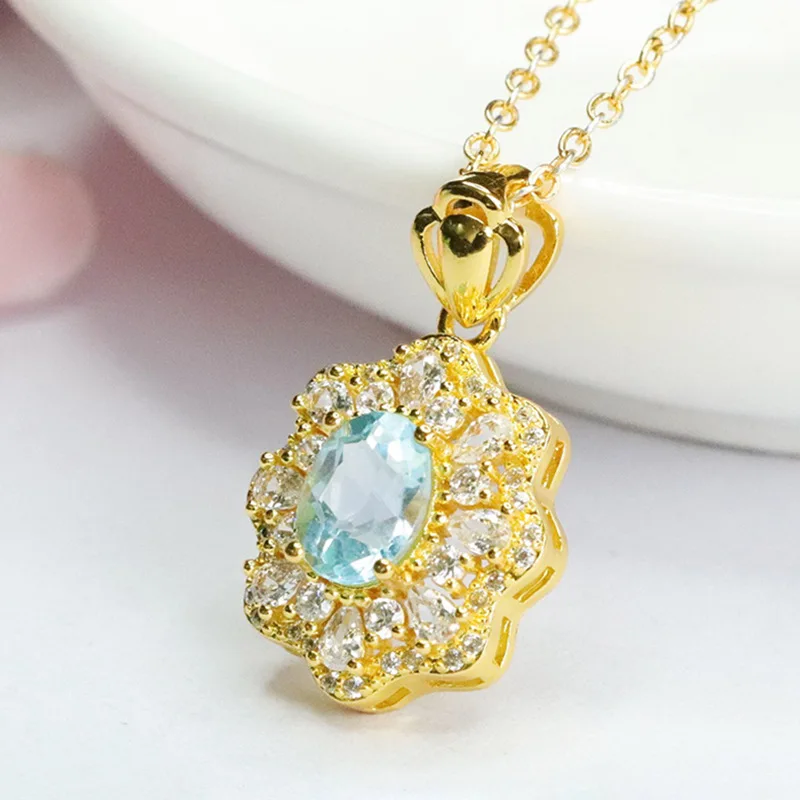 

Ожерелье с подвеской из натурального топаза, полный бриллиант, синий драгоценный камень