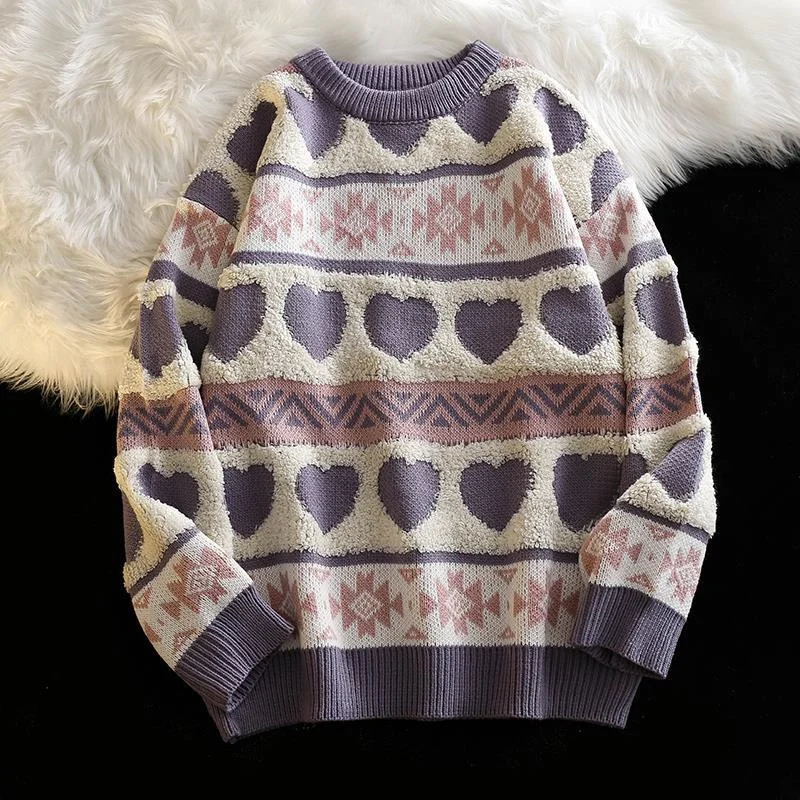 Christmas Sweater Women Knitted Sweater Harajuku Heart-shape Pattern Knitted Pullover Autumn Winter Vintage O-Neck Sweaters