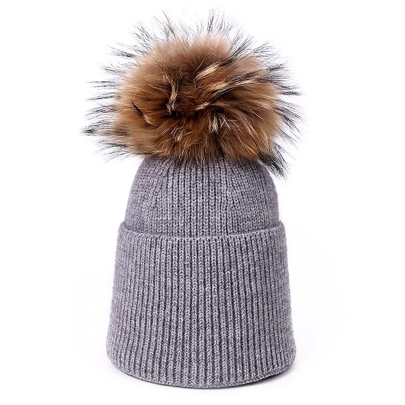 Autumn Winter Hat Fashion Women Beanies Raccoon Fur Pompom Hats Casual Warm Knitted Wool Cap For Female Girls