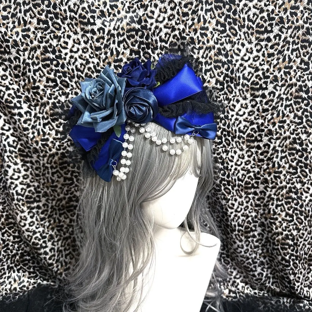 Original Subculture Tibetan Blue Abi Niche Hair Clip Flower Ancient Lolita Gothic Lolita Pearl Chain Hair Accessory for Women