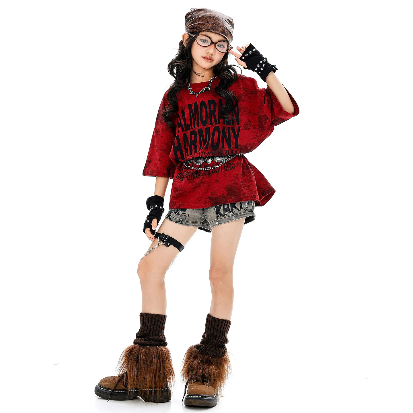 Abbigliamento Hip Hop Kpop per bambini T-shirt con stampa di lettere rosse Pantaloncini jeans strappati da strada casual grigi per ragazze Costumi di danza jazz