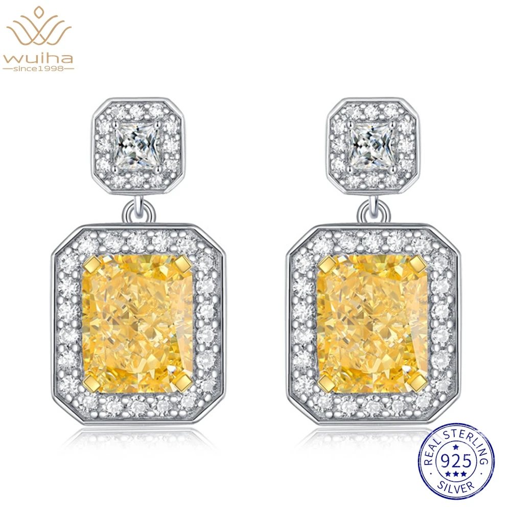 

WUIHA Real 925 Sterling Silver Crushed Ice 15CT Fancy Vivid Yellow Lab Diamond Drop Earrings for Women Wedding Gift DropShipping