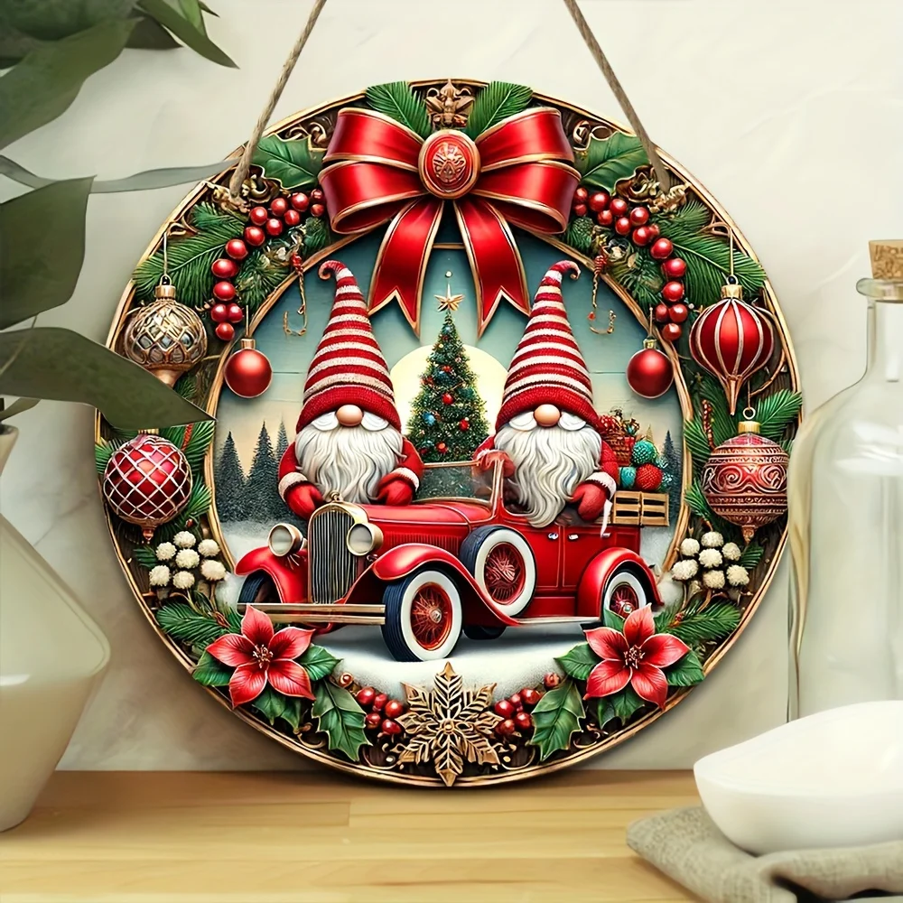 1pc, Christmas Gift Pickup Truck Dwarf Christmas Tree 7.87 Inches Round Wooden Ornament, Home Office Door Front Porch Bar Decor