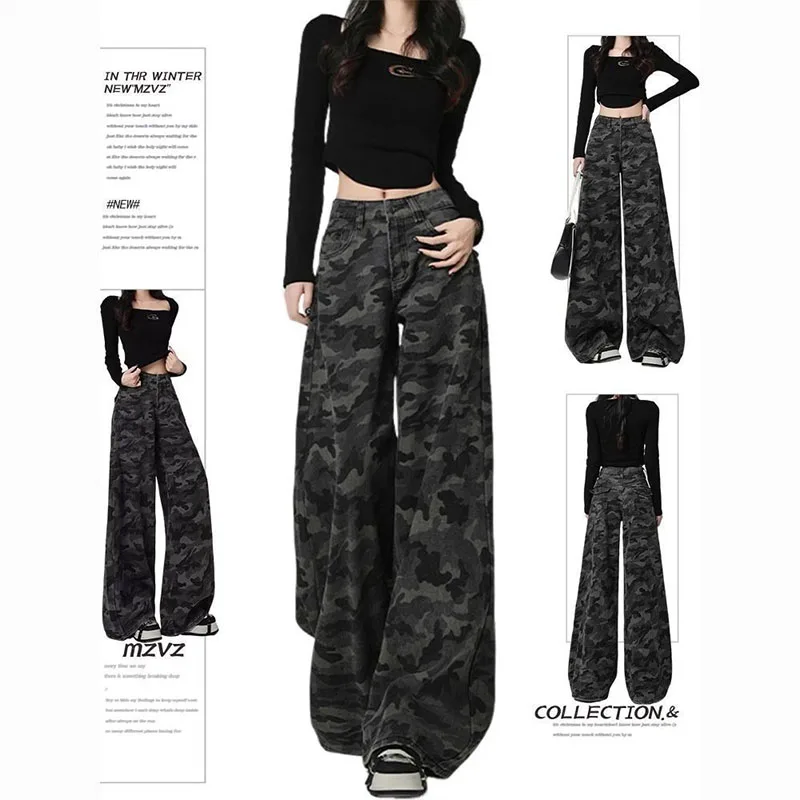 

Fashionable new women's clothing retro camouflage workwear denim slim fit high waist straight leg wide leg pants camping pants