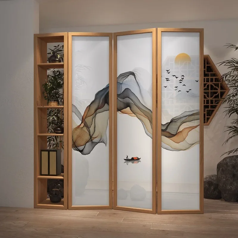 New Chinese-style solid wood screen locker integrated partition foldable mobile living room tea room study folding screen occlus