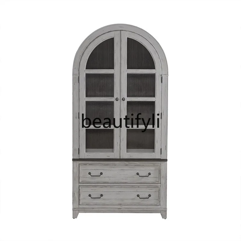 American Retro Vintage Solid Wood Arched Wine Cabinet Living Room Oak Double Door Glass Display Cabinet Bookshelf Storage view 5