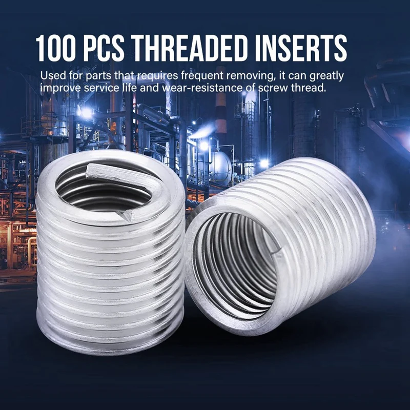 ABRE-100Pcs M8X1.25X2D Stainless Steel Coiled Wire Insert Set Helical Threaded Insert Wire Screw Sleeve Threads Repair Tools