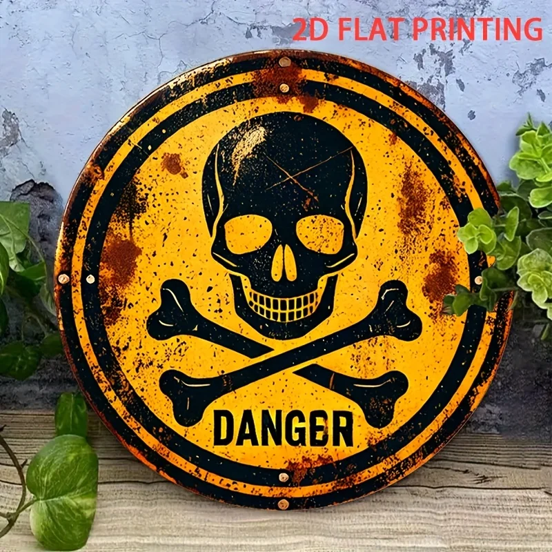 Letrero de peligro plano 2D, estilo vintage, 1 unidad - Placa de advertencia de calavera y huesos cruzados de 7.8 pulgadas, impresión 2D de alta definición, novedad estilo hippie