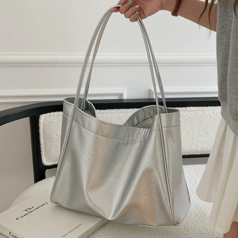 MBTI Silver Vintage Womens Tote Bag Large Capacity Korean Fashion Elegant Shoulder Bag Shopper Casual Daily Aesthetic Handbag
