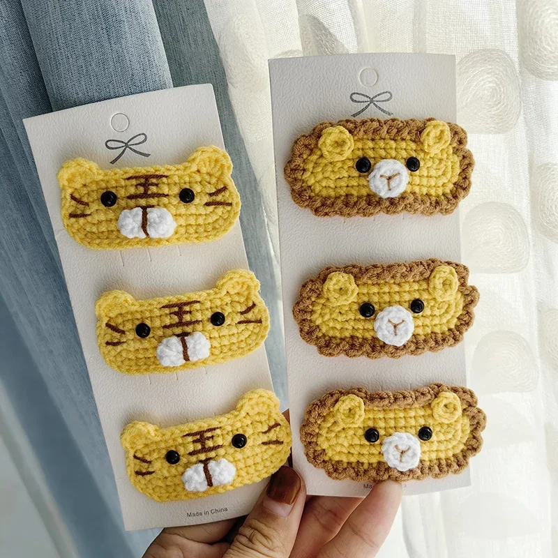 1Pcs Handmade Crochet Tiger Lion Hair Clips Girls Barrettes Flower Hairpin Children Cute Side Clip Knitting Hair Accessories