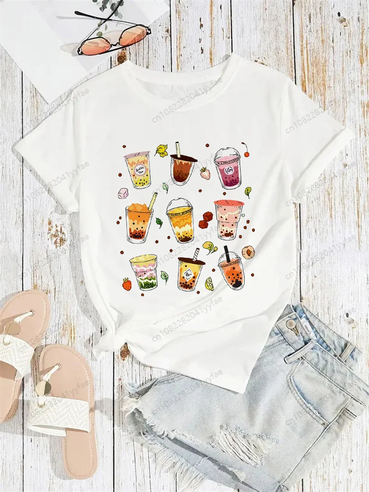 버블 티 하라주쿠 카와이 티셔츠 여성 재미있는 만화 티셔츠 귀여운 애니메이션 탑 걸스 티 여성