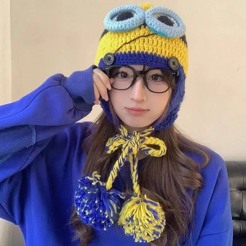 Anime Minions Knitted Hat Cartoon Cute Student Children\'s Autumn and Winter Warm Manual Woolen Hat Kawaii Kids Birthday Gifts